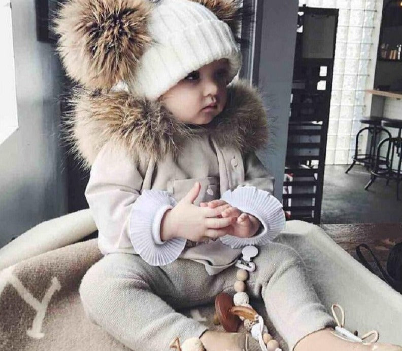 Baby Girl Hat Raccon Fur Two Ball Caps For Baby - MaviGadget