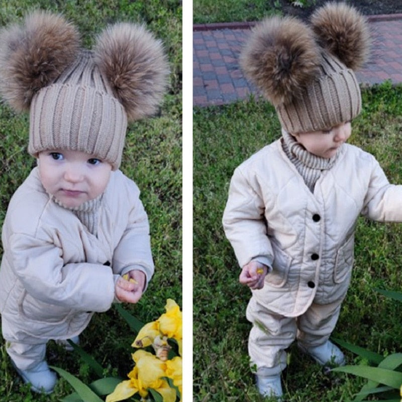 Baby Girl Hat Raccon Fur Two Ball Caps For Baby - MaviGadget