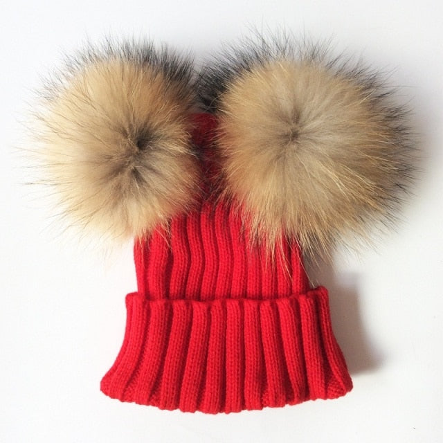 Baby Girl Hat Raccon Fur Two Ball Caps For Baby - MaviGadget