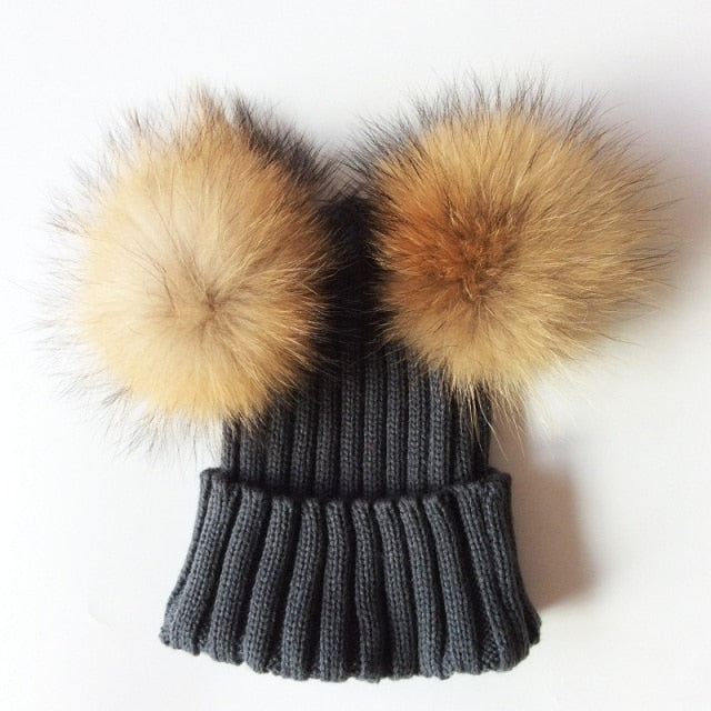 Baby Girl Hat Raccon Fur Two Ball Caps For Baby - MaviGadget