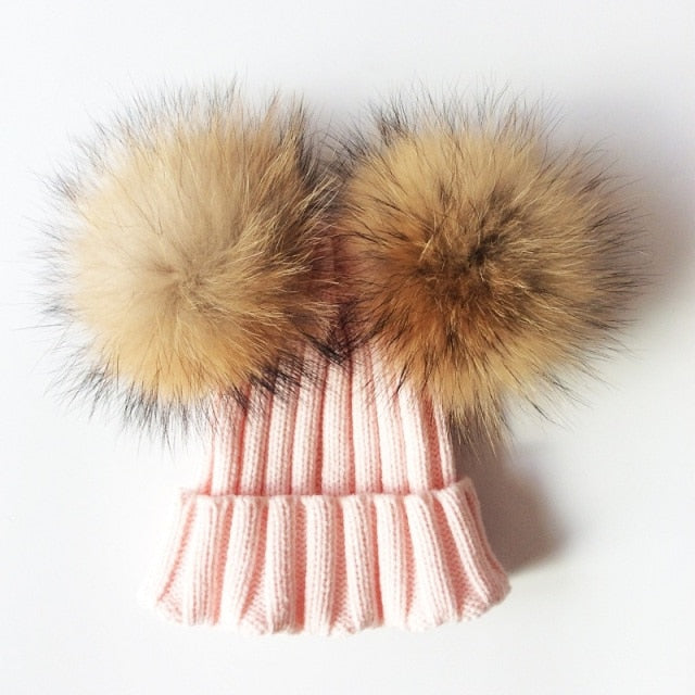 Baby Girl Hat Raccon Fur Two Ball Caps For Baby - MaviGadget