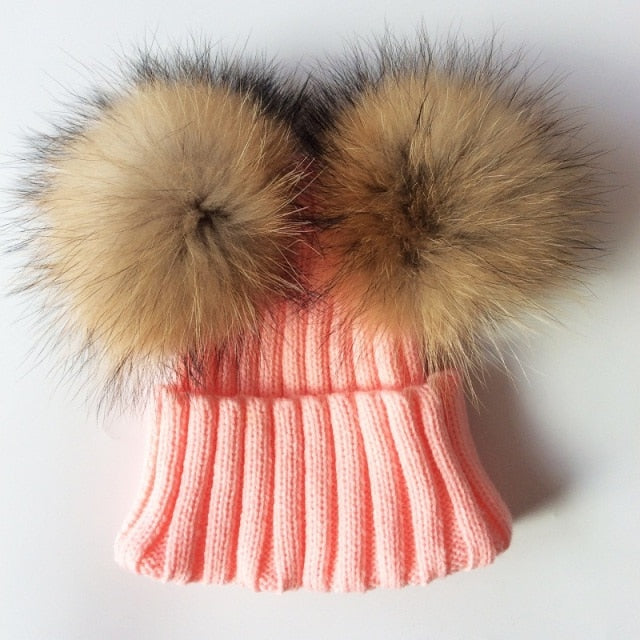 Baby Girl Hat Raccon Fur Two Ball Caps For Baby - MaviGadget
