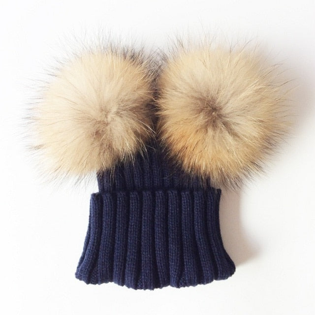 Baby Girl Hat Raccon Fur Two Ball Caps For Baby - MaviGadget