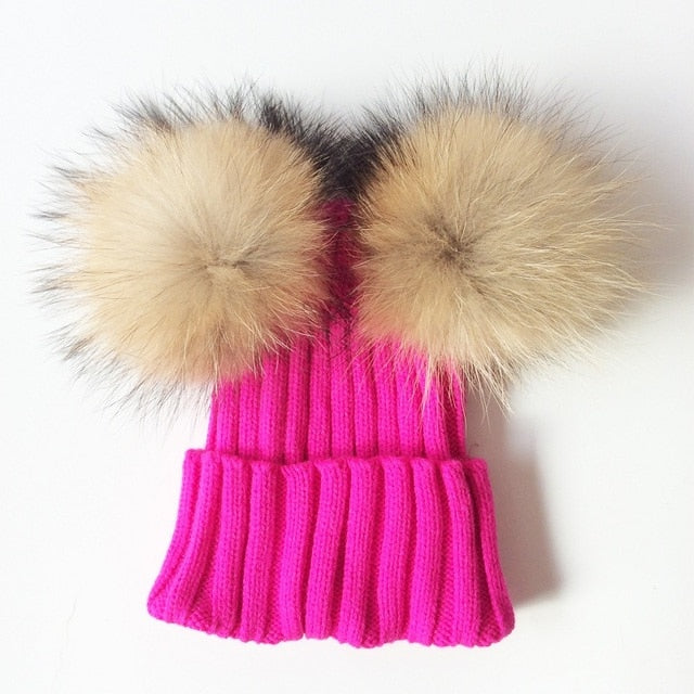 Baby Girl Hat Raccon Fur Two Ball Caps For Baby - MaviGadget