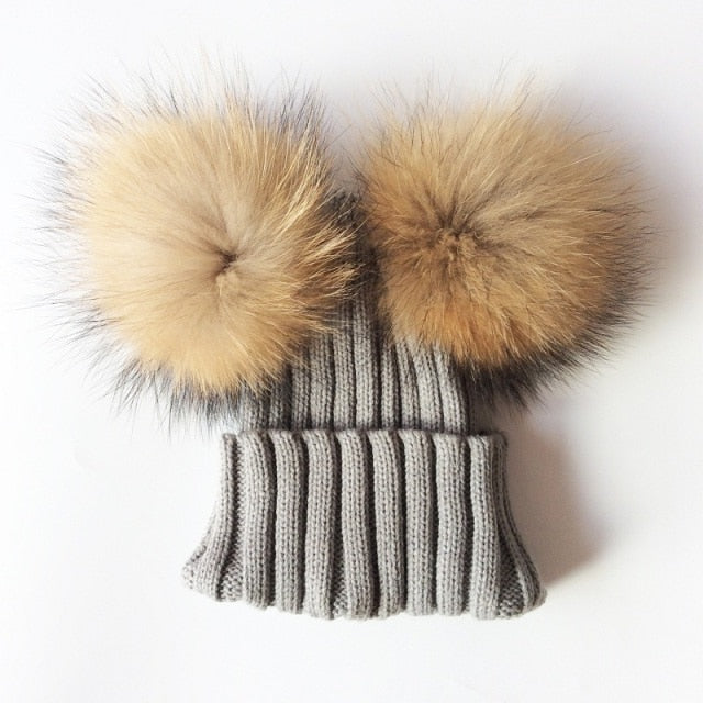 Baby Girl Hat Raccon Fur Two Ball Caps For Baby - MaviGadget