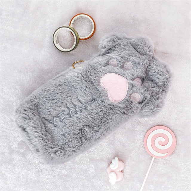 Cute Cat Paw Plush Pencil Bag