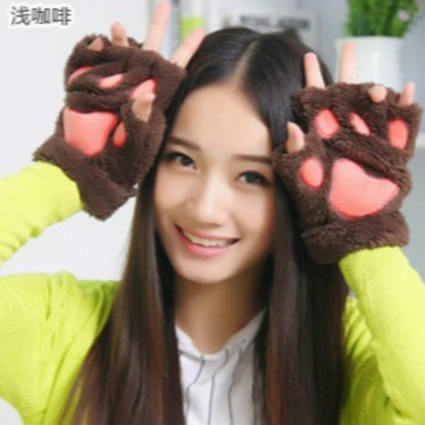Ladies Winter Fingerless Bear Paw Gloves - MaviGadget