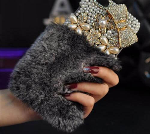 Crystal Diamond Bowknot Pearl Flower Rabbit Fur Iphone Case - MaviGadget