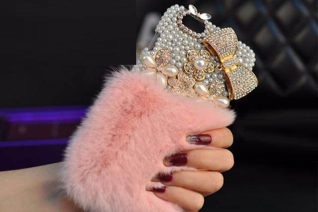 Crystal Diamond Bowknot Pearl Flower Rabbit Fur Iphone Case - MaviGadget