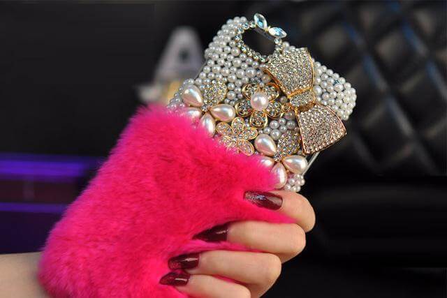 Crystal Diamond Bowknot Pearl Flower Rabbit Fur Iphone Case - MaviGadget