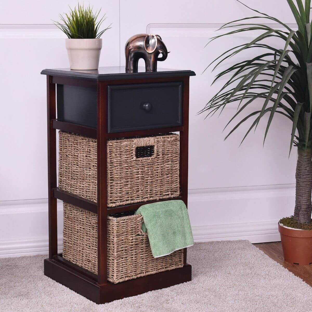 3 Tiers Wooden Nightstand with 1 Drawer 2 Baskets - MaviGadget