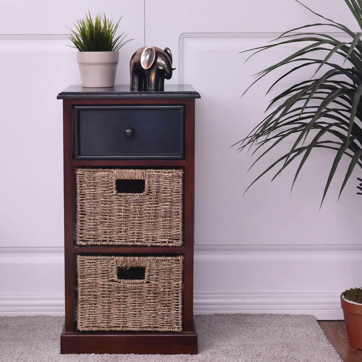 3 Tiers Wooden Nightstand with 1 Drawer 2 Baskets - MaviGadget