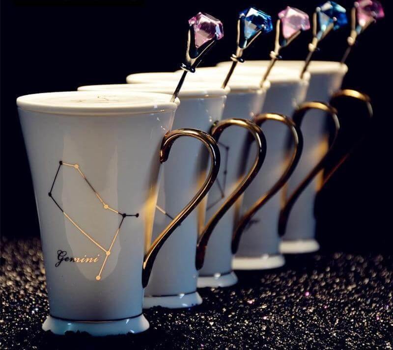 White And Gold Ceramic Coffee mugs with Zodiac Signs - MaviGadget