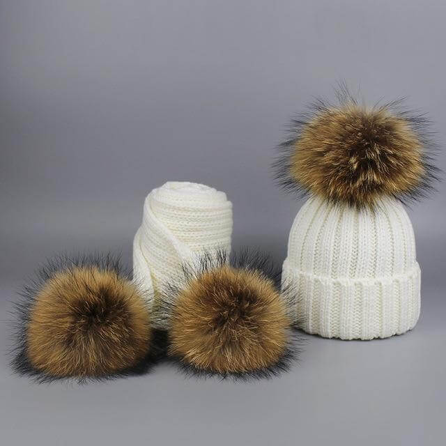 Pom Pom Beanie Warm Knitted Bobble Fur Pompom Hat and Scarf Set - MaviGadget