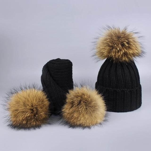 Pom Pom Beanie Warm Knitted Bobble Fur Pompom Hat and Scarf Set - MaviGadget
