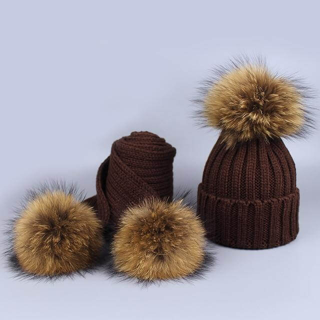 Pom Pom Beanie Warm Knitted Bobble Fur Pompom Hat and Scarf Set - MaviGadget