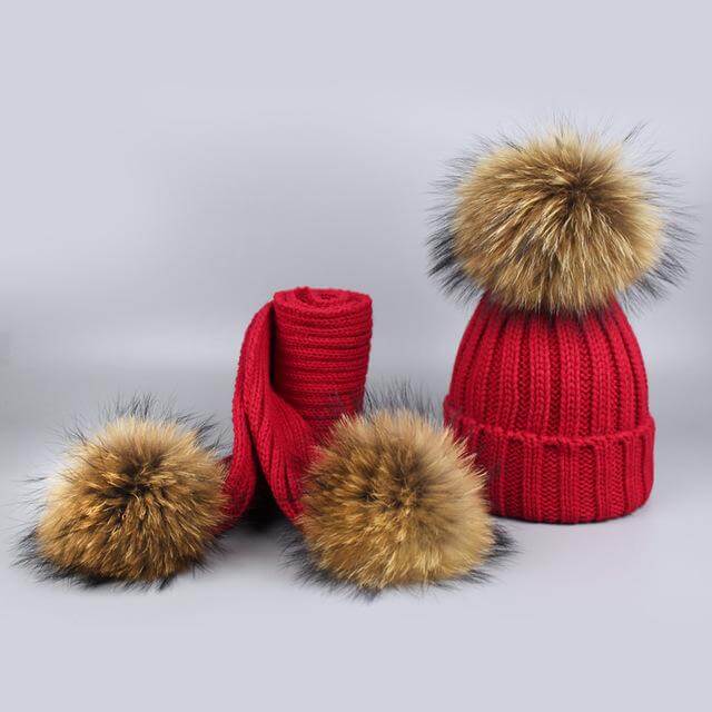 Pom Pom Beanie Warm Knitted Bobble Fur Pompom Hat and Scarf Set - MaviGadget
