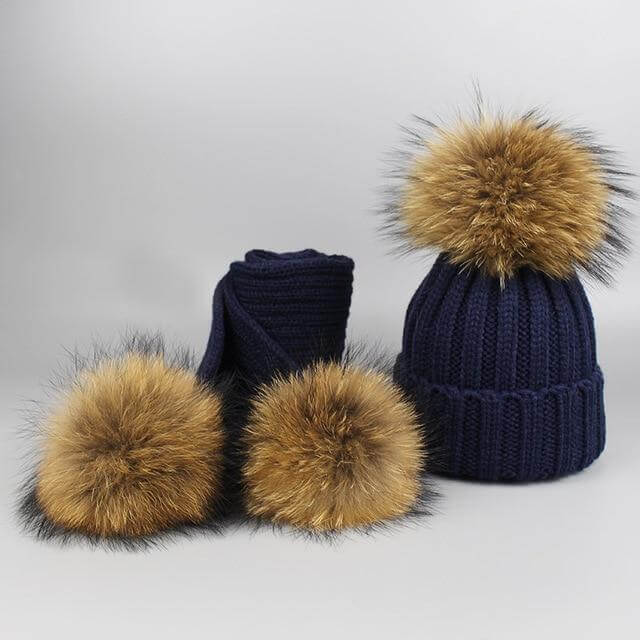 Pom Pom Beanie Warm Knitted Bobble Fur Pompom Hat and Scarf Set - MaviGadget