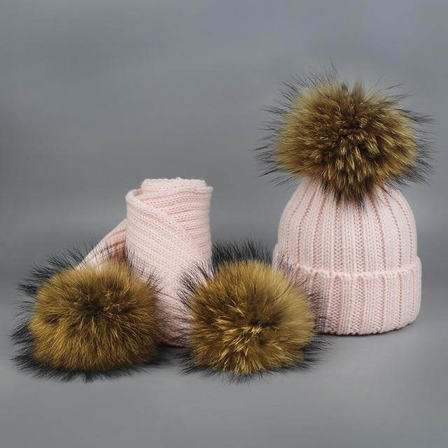 Pom Pom Beanie Warm Knitted Bobble Fur Pompom Hat and Scarf Set - MaviGadget