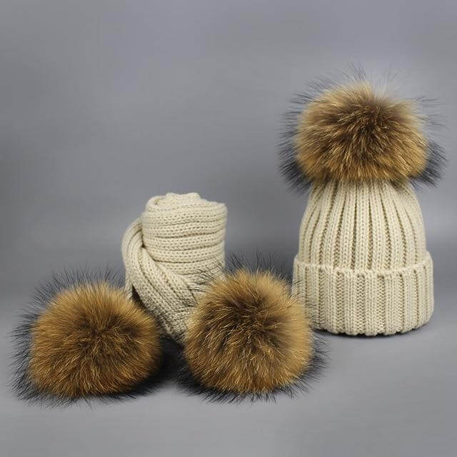 Pom Pom Beanie Warm Knitted Bobble Fur Pompom Hat and Scarf Set - MaviGadget