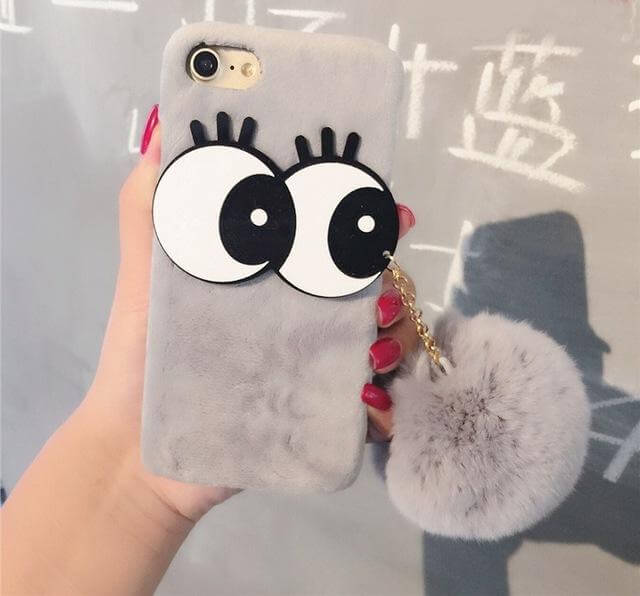 3D NBling Big Eyes With Real Soft Fur Ball Iphone Cases - MaviGadget