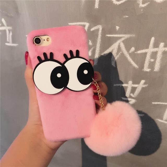 3D NBling Big Eyes With Real Soft Fur Ball Iphone Cases - MaviGadget