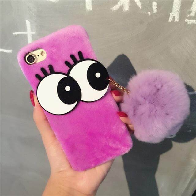 3D NBling Big Eyes With Real Soft Fur Ball Iphone Cases - MaviGadget
