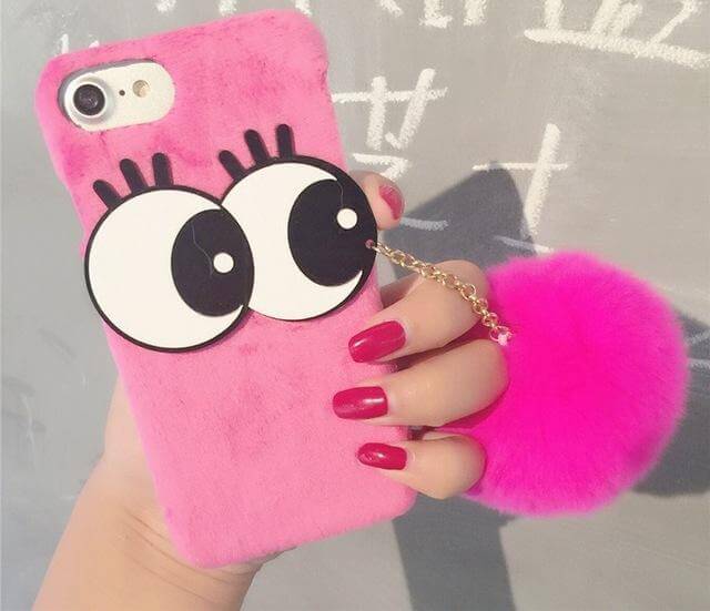 3D NBling Big Eyes With Real Soft Fur Ball Iphone Cases - MaviGadget