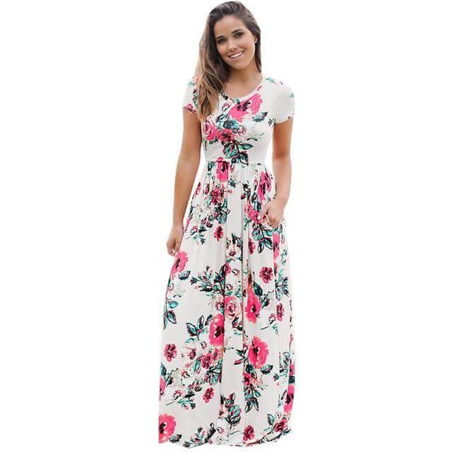 Women Bohemia Short Sleeve O Neck Floral Summer Dress - MaviGadget