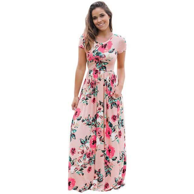 Women Bohemia Short Sleeve O Neck Floral Summer Dress - MaviGadget