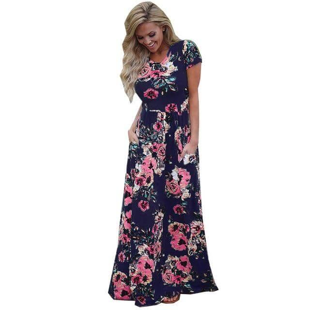 Women Bohemia Short Sleeve O Neck Floral Summer Dress - MaviGadget
