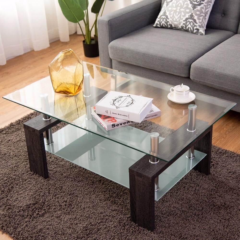 Rectangular Tempered Glass Coffee Table with Storage - MaviGadget