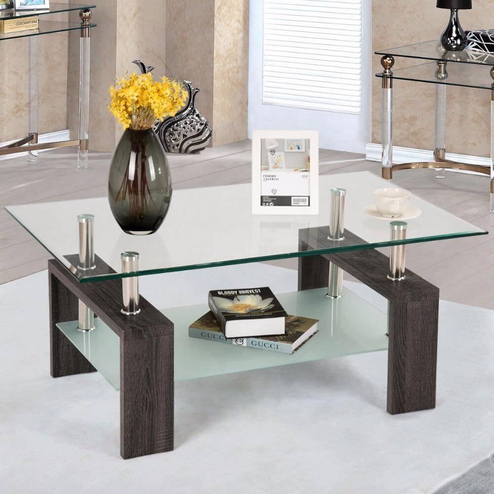 Rectangular Tempered Glass Coffee Table with Storage - MaviGadget
