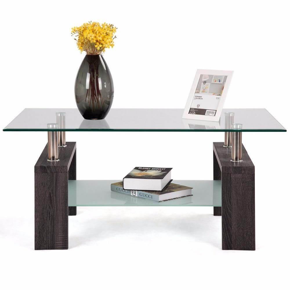Rectangular Tempered Glass Coffee Table with Storage - MaviGadget