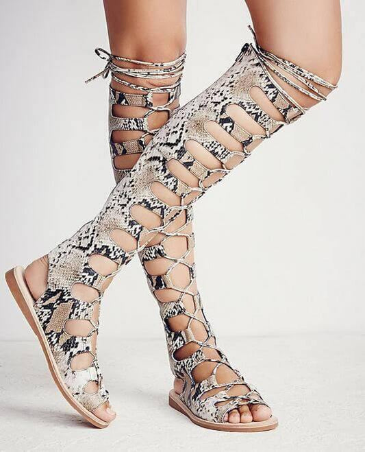 Snake Leather Strappy Cut-out Gladiator Boots - MaviGadget